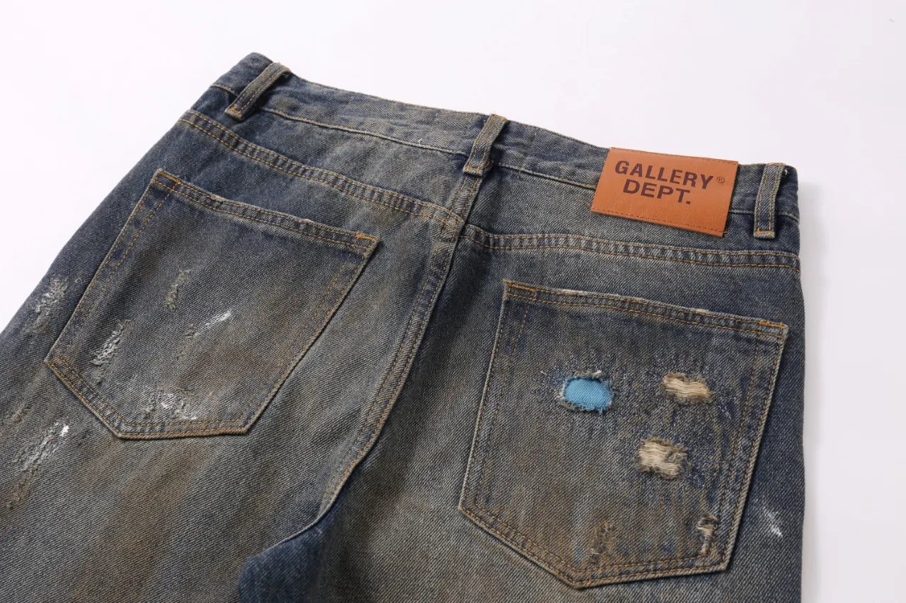 655#Gallery Dept New Retro Splashed Ink Hole Embroidery Washed Small Straight Leg Jeans American High Street Casual Trousers Washed Blue S～XL P240